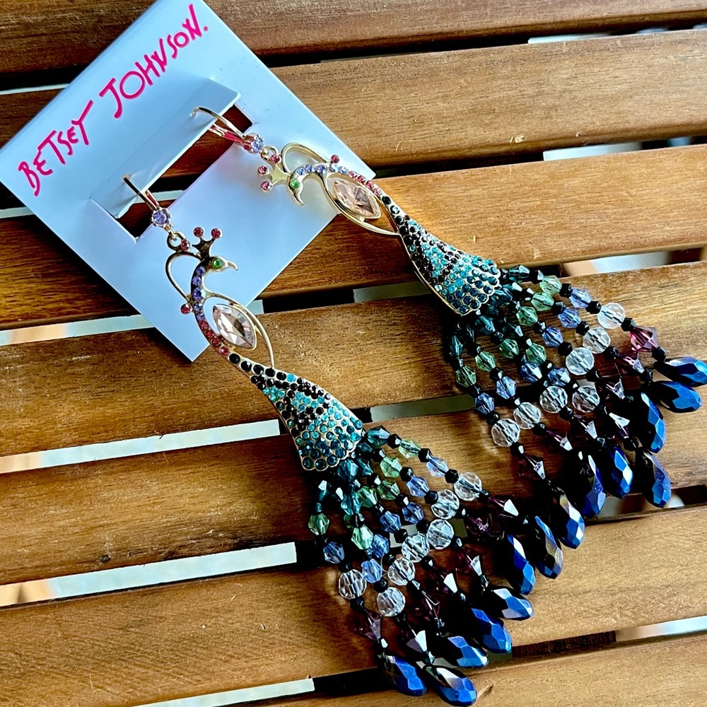 BETSEY JOHNSON Peacock long beaded drop earrings